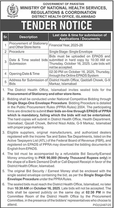 Ministry of National Health Services Islamabad Tender Notice